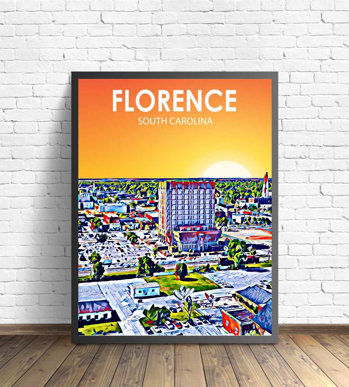 Florence South Carolina Sunset Cityscape Sketch Travel Poster