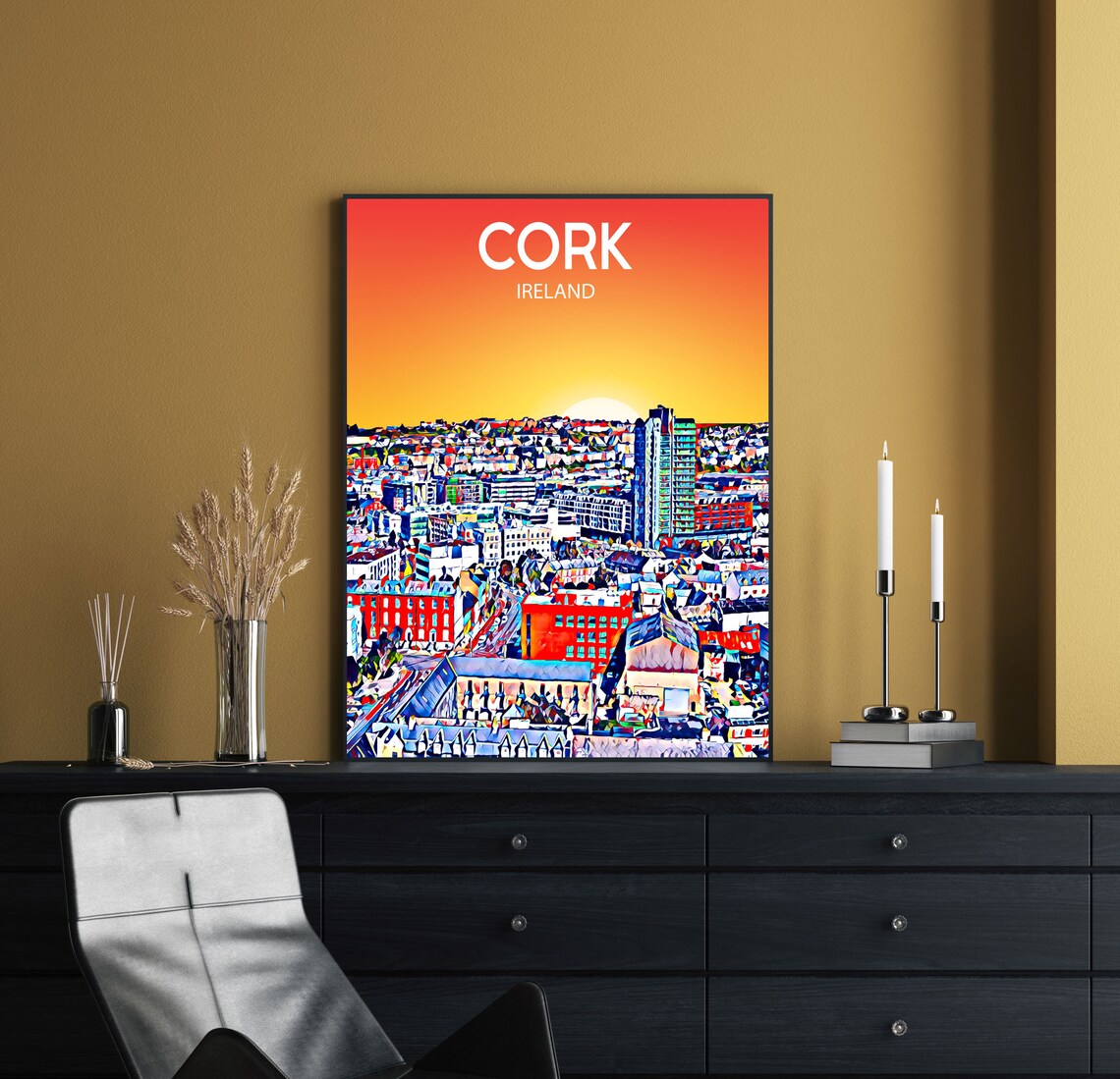 Cork Ireland Sunset Aerial Cityscape Vibrant Colorful Art Poster - Image 3