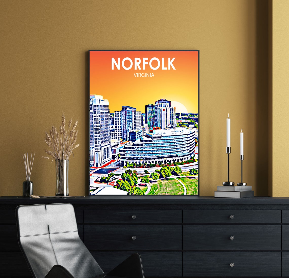 Norfolk Virginia Downtown Sunset Vibrant Skyline Sketch Poster - Image 2