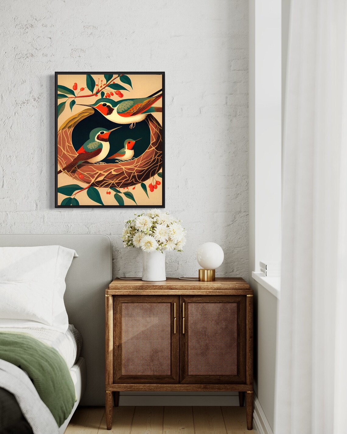 Hummingbird Family Nest Woven Branch Vintage Botanical Poster - Image 3