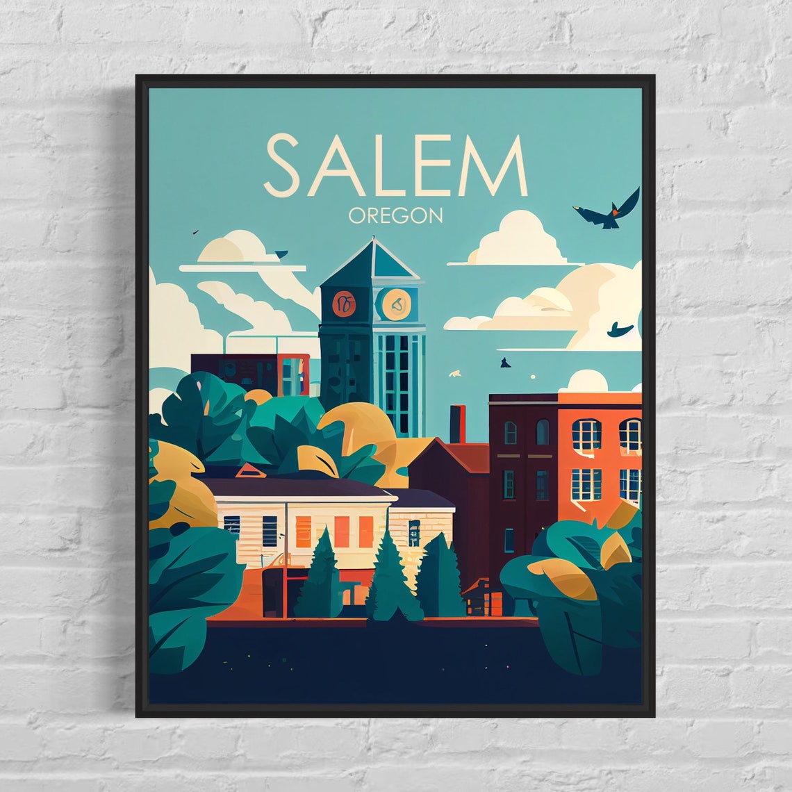 Salem Oregon Retro Poster with Clock Tower and Historic Streets