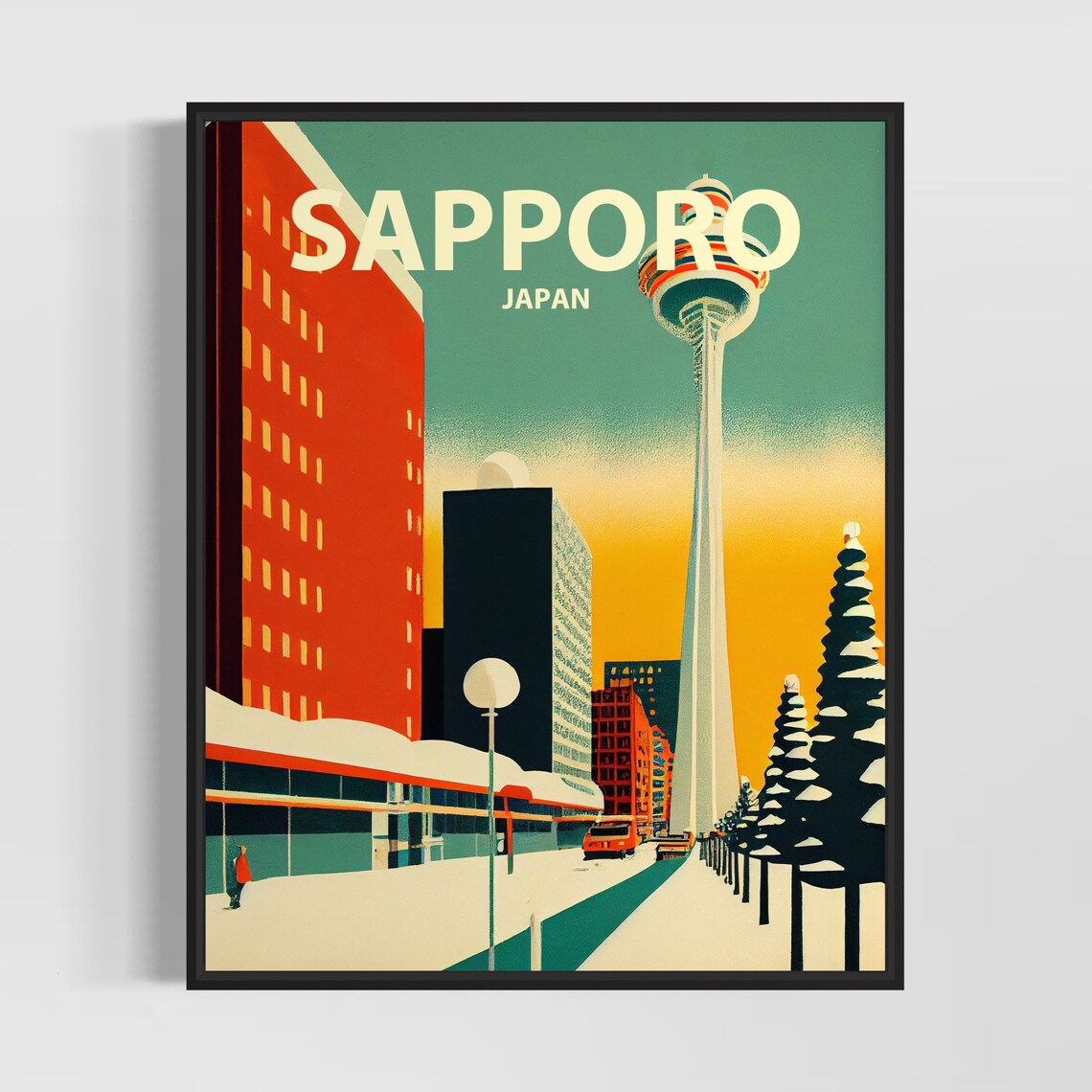 Sapporo Japan TV Tower Snowy Winter City Street Hokkaido Retro Poster