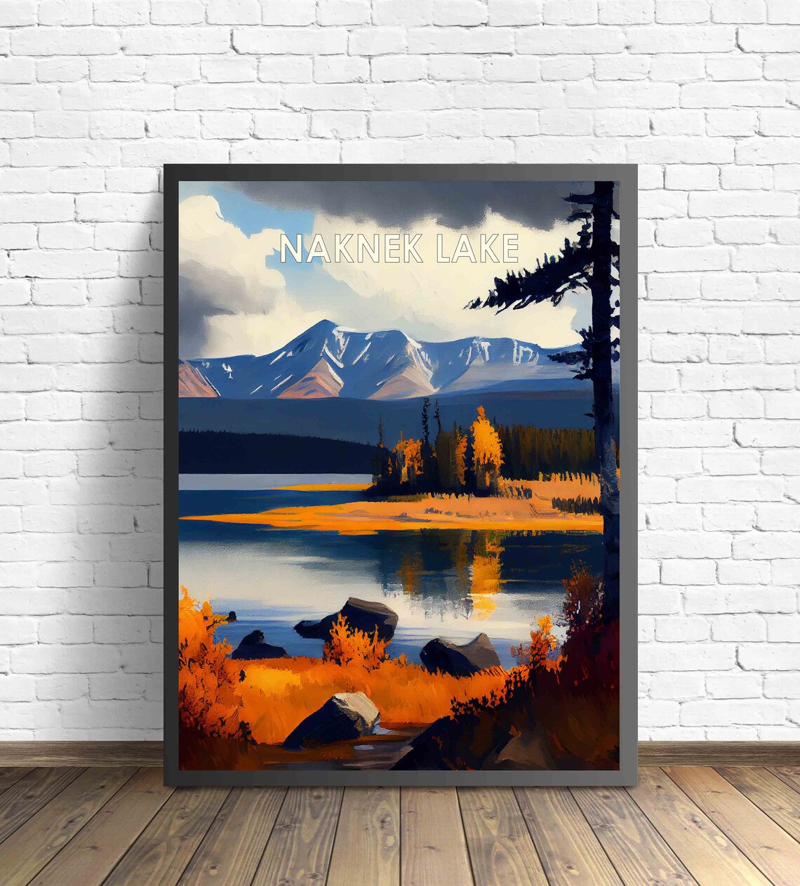 Naknek Lake Alaska Retro Poster with Mountain Peaks and Autumn Tundra