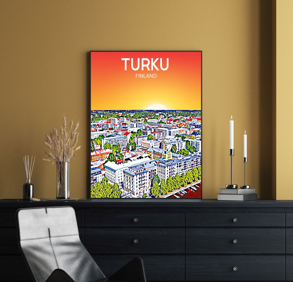 Turku Finland Fiery Orange Sunset Cityscape Aerial Art Poster - Image 2