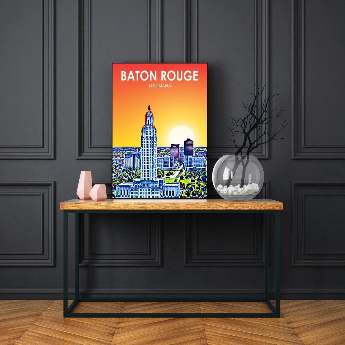 Baton Rouge Louisiana Sunset Art Deco Capitol Tower Skyline Poster - Image 3