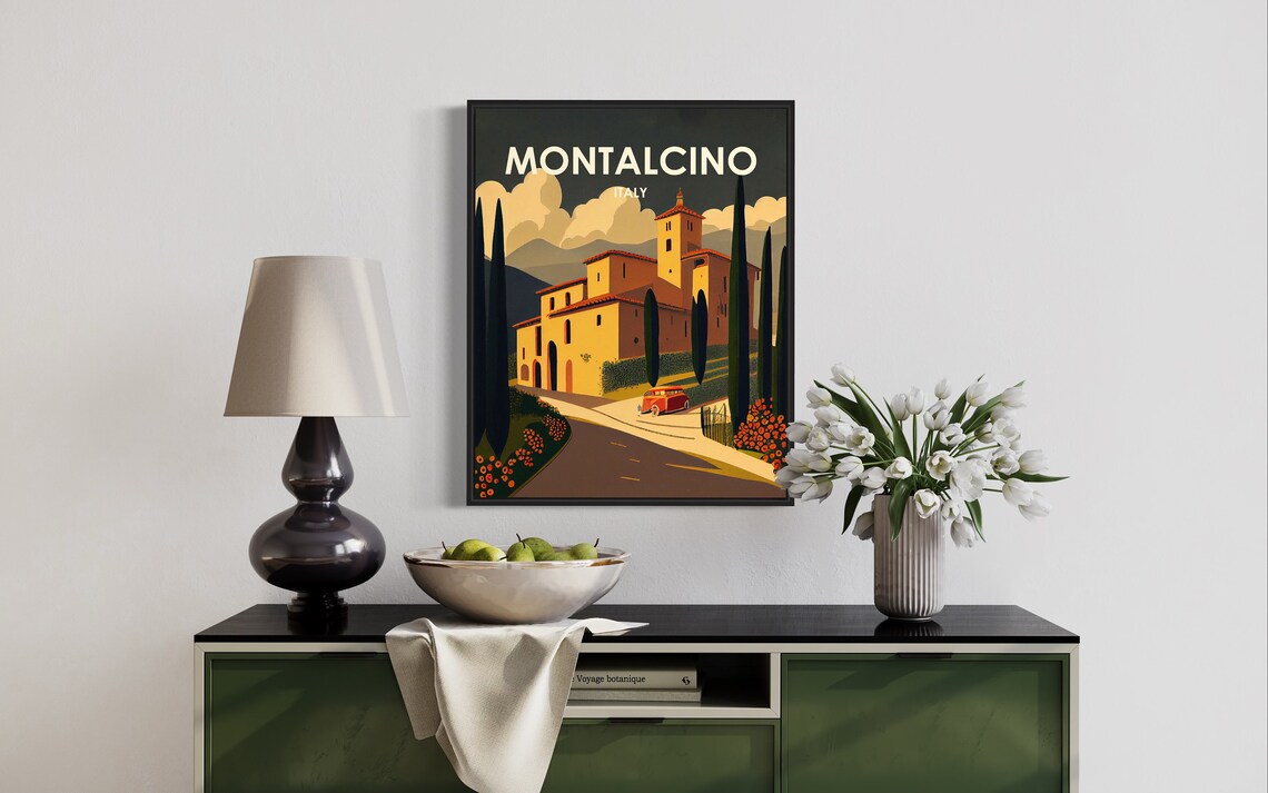 Montalcino Italy Tuscan Villa Cypress Trees Vintage Car Travel Poster - Image 3