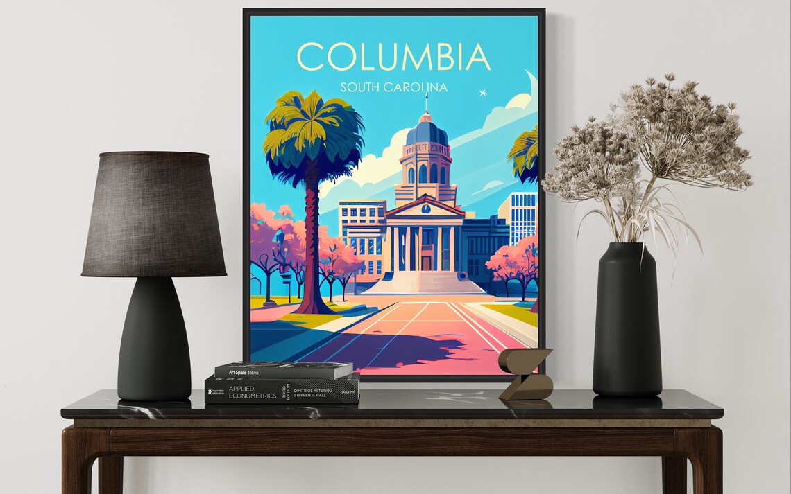 Columbia South Carolina Retro Statehouse Palms Morning Plaza Poster - Image 3