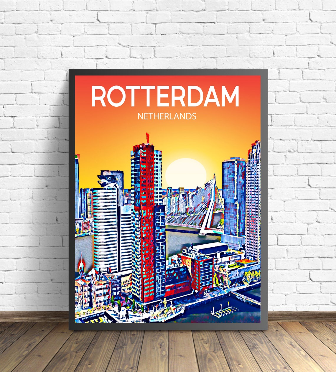 Rotterdam Netherlands Sunset Skyline Bridge Harbor Art Poster