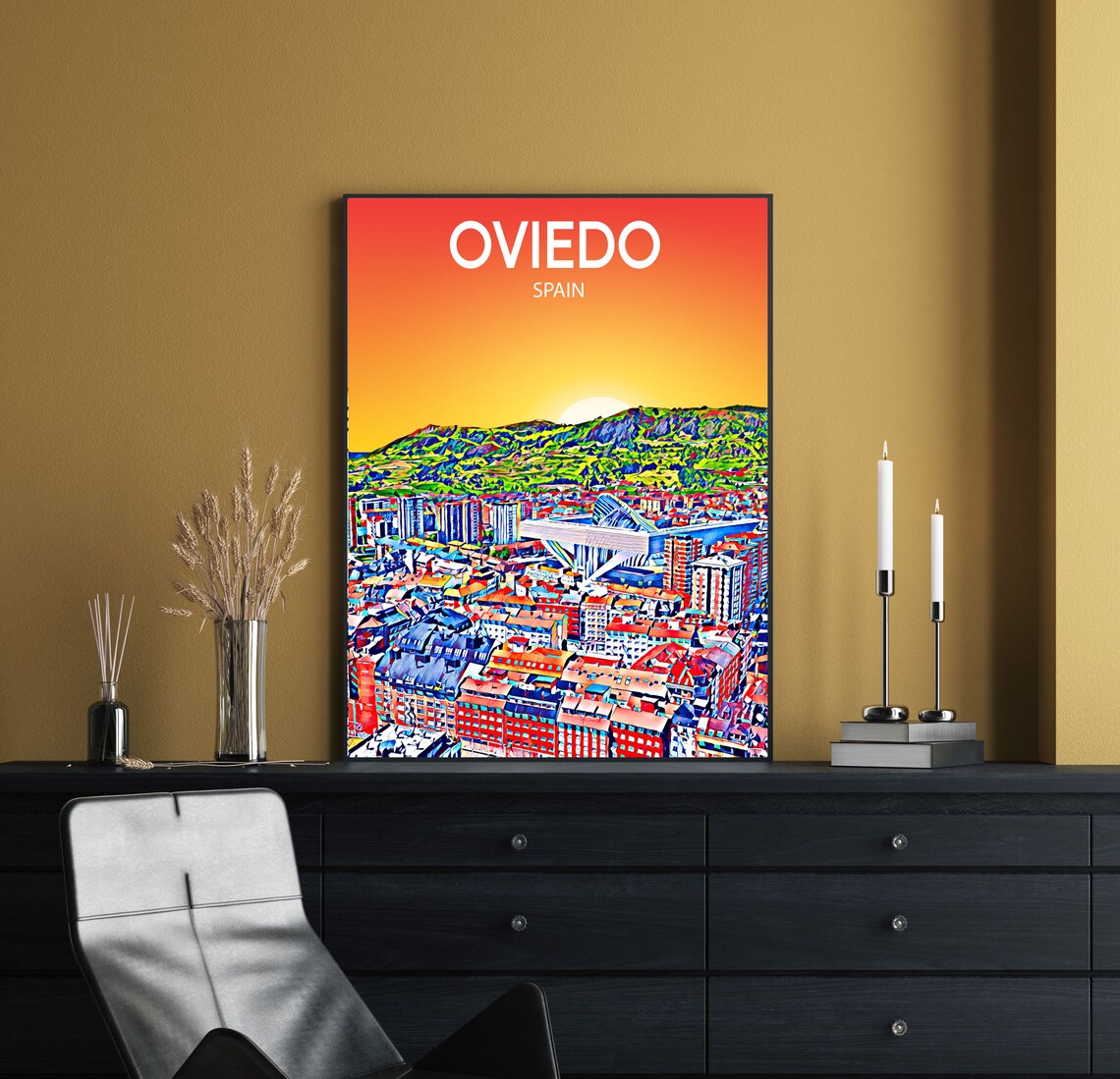 Oviedo Spain Sunset City Panorama Green Rolling Hills Travel Poster - Image 2