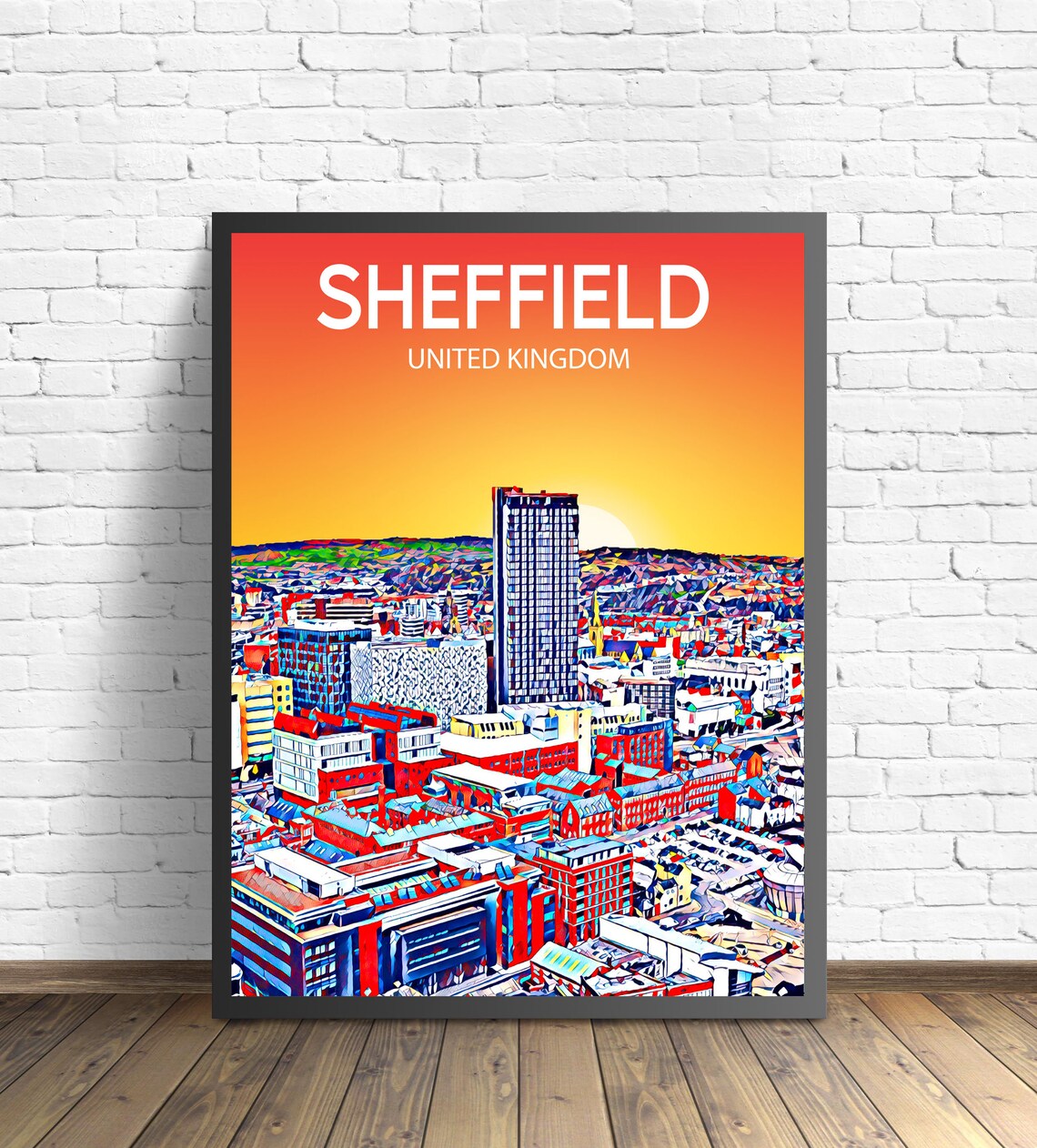 Sheffield United Kingdom Sunset Skyline Tower City Art Poster