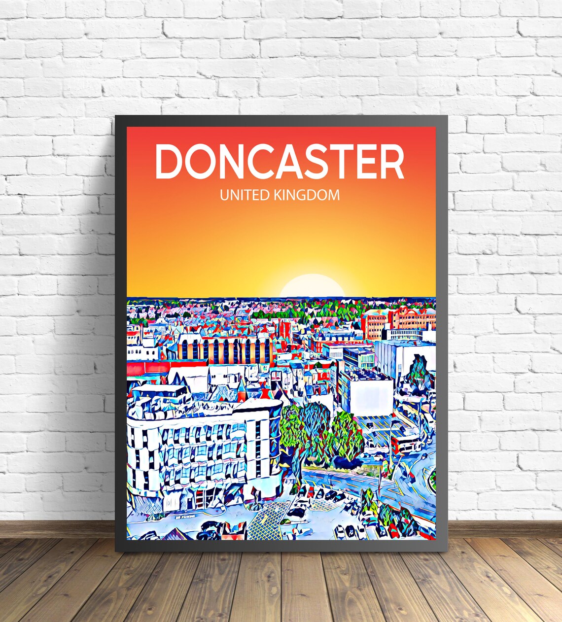 Doncaster United Kingdom Sunset Skyline Pop Art City Travel Poster