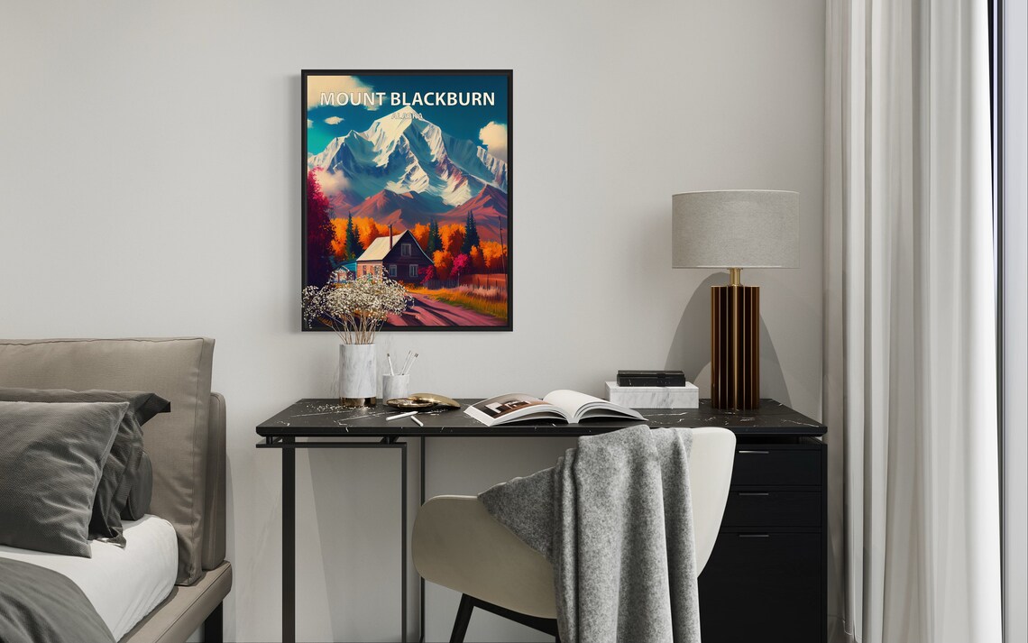 Mount Blackburn Alaska Log Cabin Snowy Peak Autumn Retro Travel Poster - Image 2
