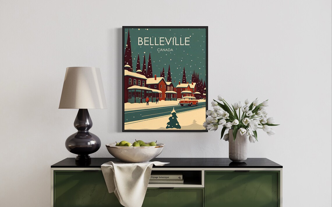 Belleville Canada Snowy Main Street Winter Night Vintage Poster - Image 2