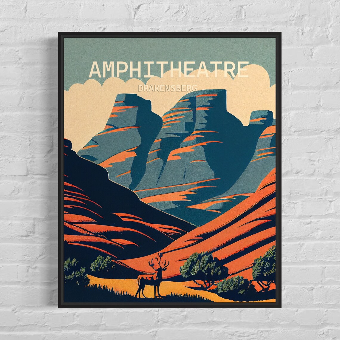 Amphitheatre Drakensberg Mountain Peaks Stag Retro Travel Poster
