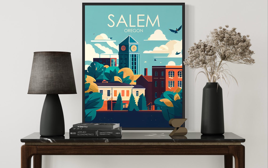 Salem Oregon Retro Poster with Clock Tower and Historic Streets - Image 3