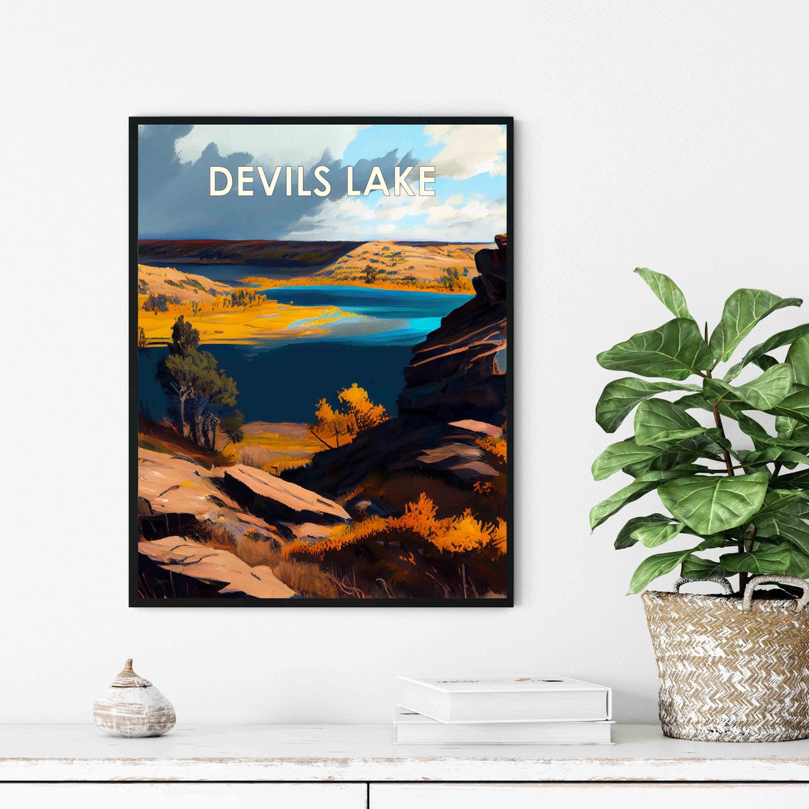 Devils Lake Rocky Cliffs Autumn Gold Prairie North Dakota Poster - Image 3