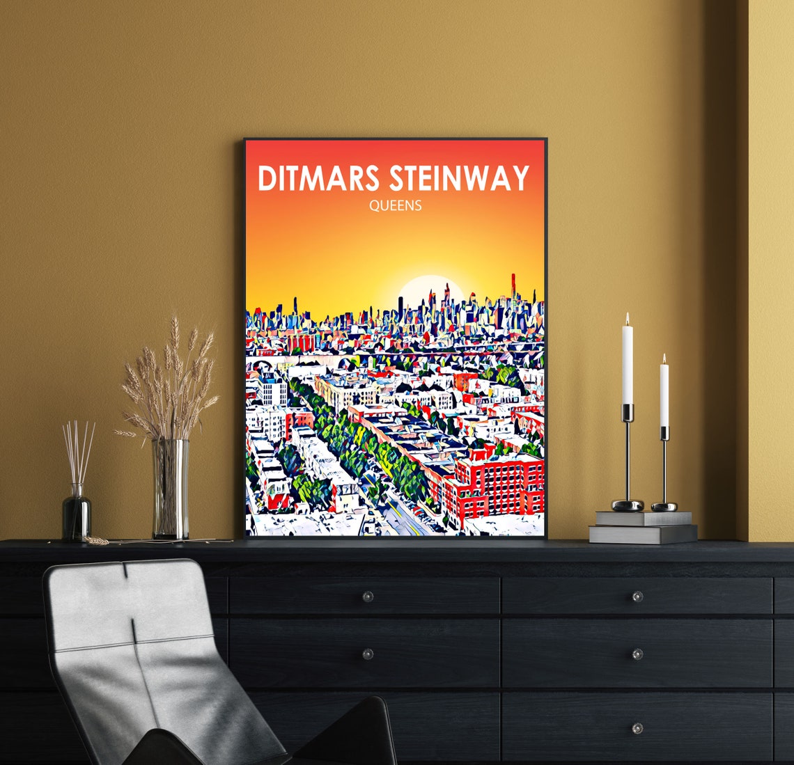 Ditmars Steinway Queens Sunset Aerial Street Colorful Skyline Poster - Image 2