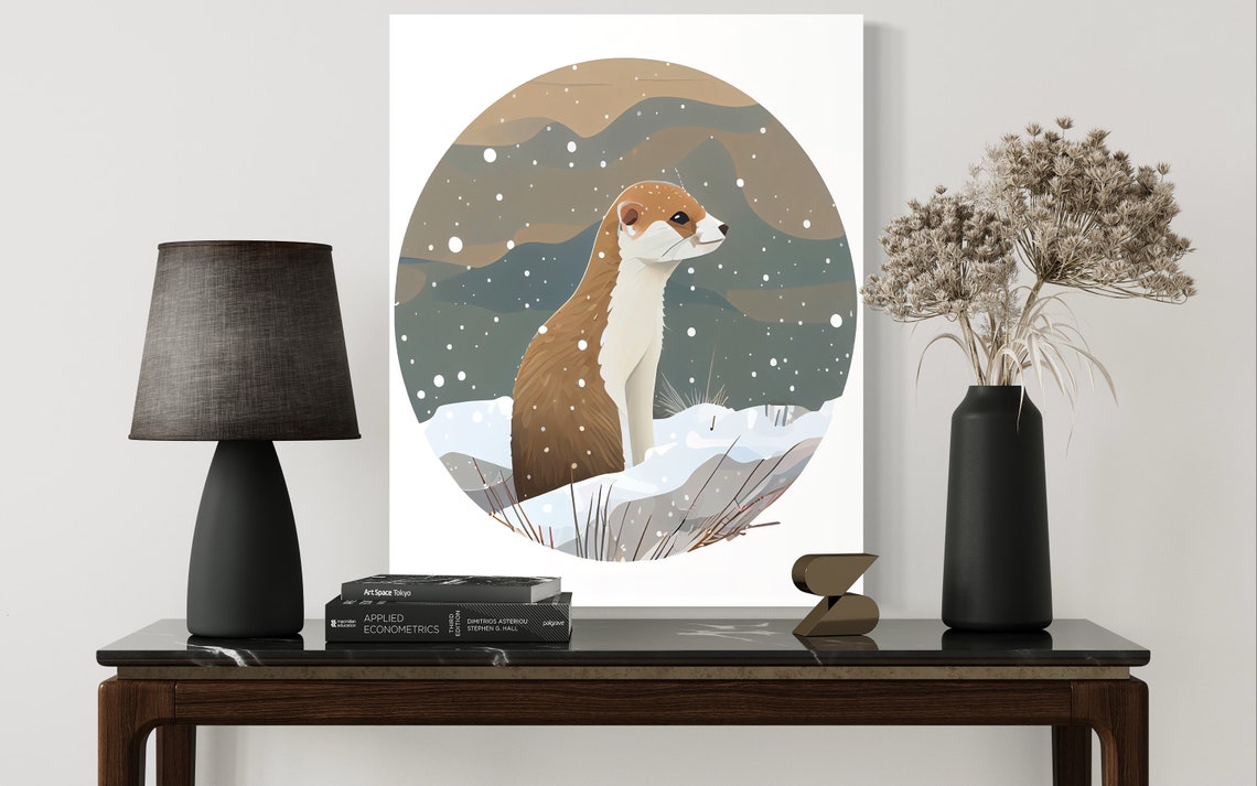 Stoat Standing in Falling Snow Winter Forest Minimal Art Poster - Image 2