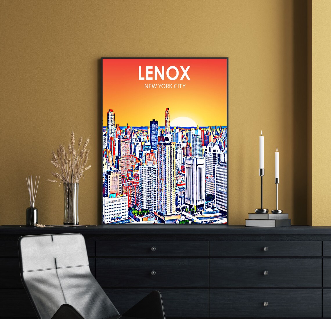 Lenox New York City Colorful Sunset Skyline City Travel Poster - Image 2