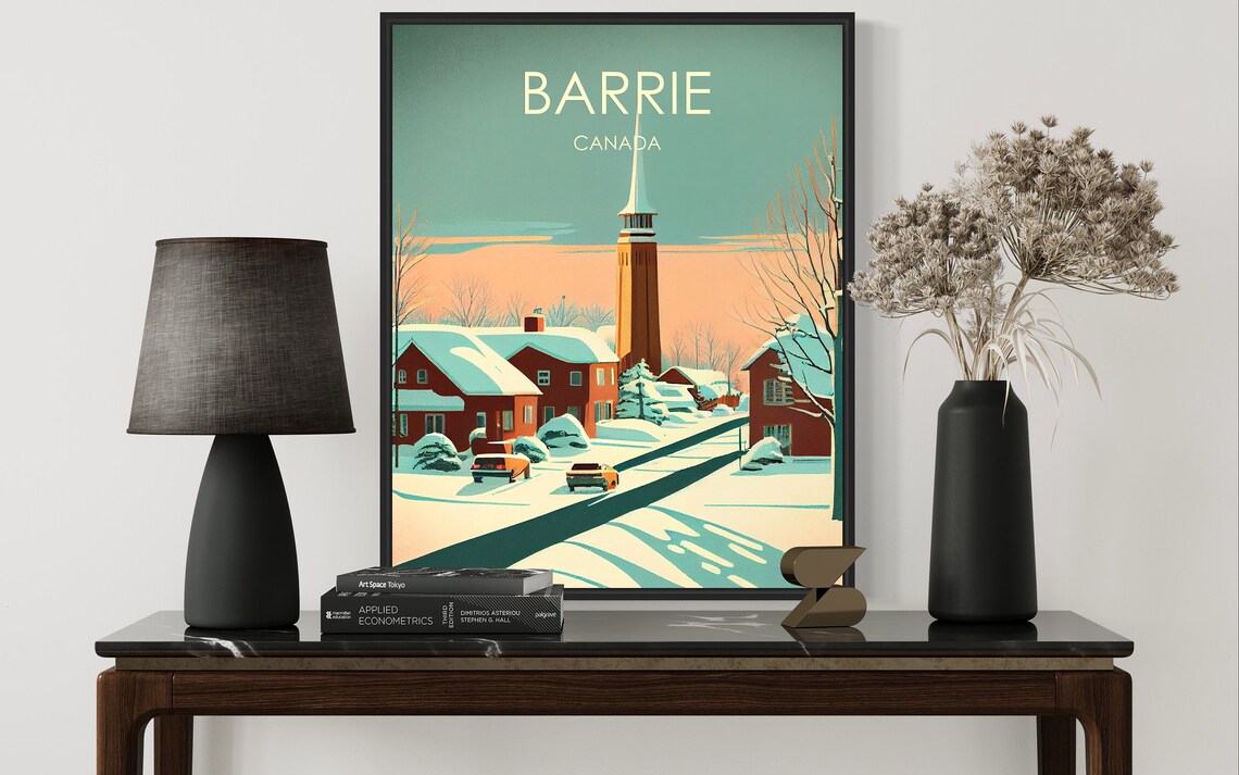 Barrie Canada Snowy Street Church Spire Vintage Winter Scene Poster - Image 2
