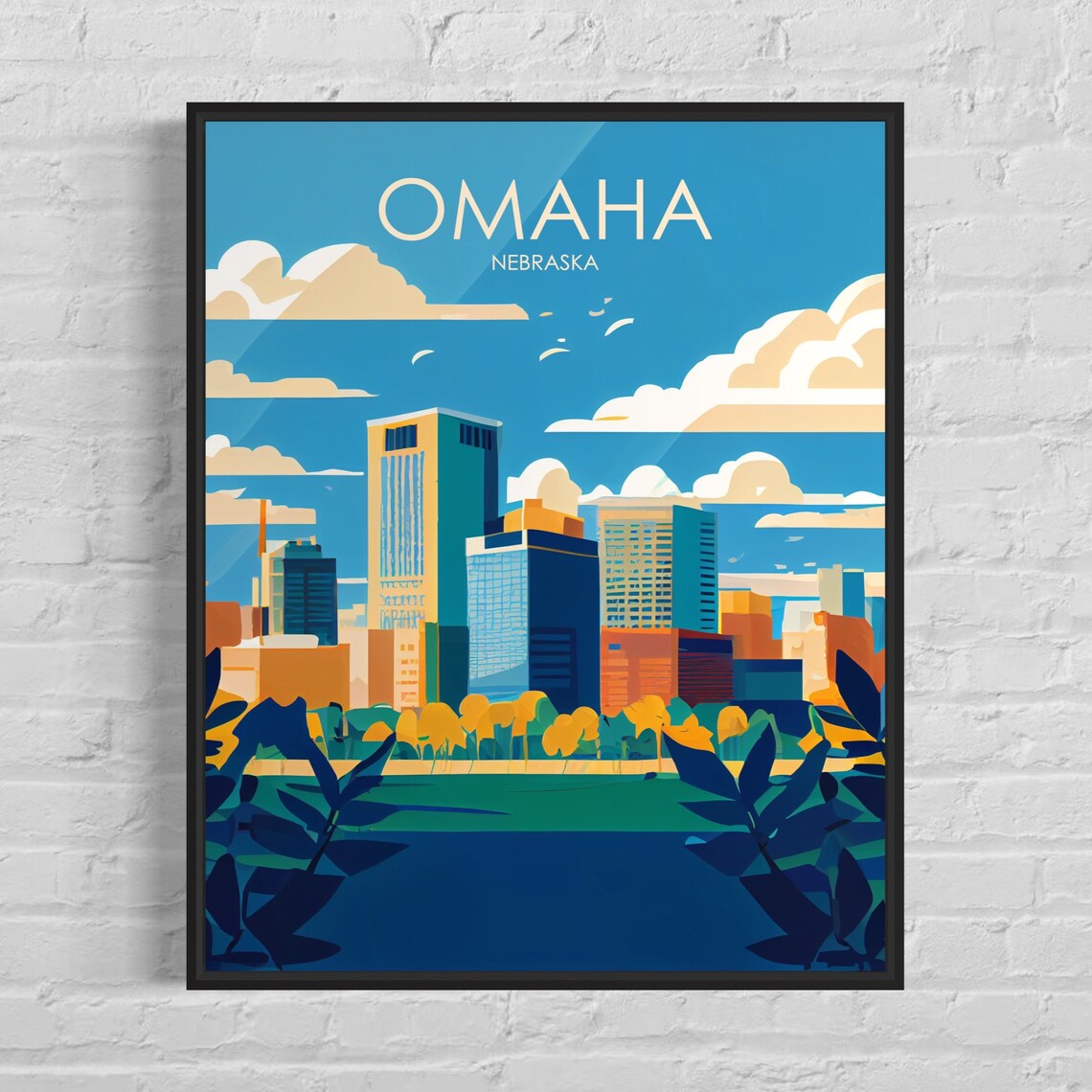 Omaha Nebraska City Skyline River Blue Sky Travel Art Poster
