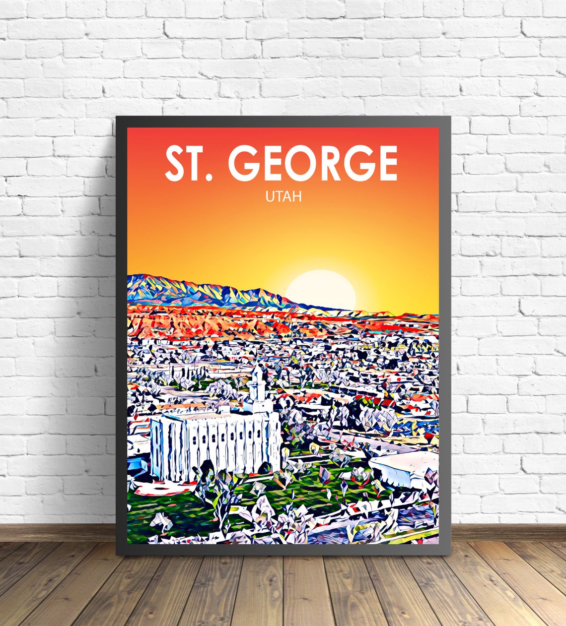 St. George Utah Sunset Red Rock Town Skyline Painted Scene Poster