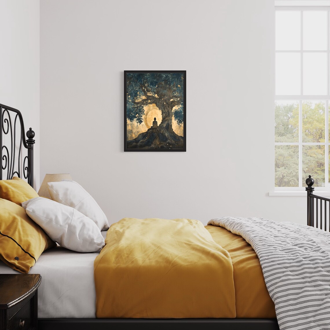 Buddha Meditating Under Ancient Bodhi Tree Gold Leaf Spiritual Art Poster - Image 2