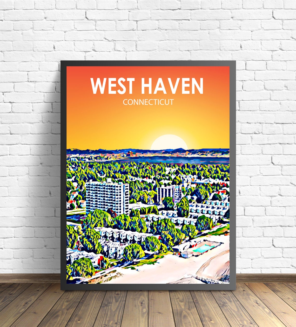 West Haven Connecticut Sunset Harbor Skyline Painted Artwork Poster