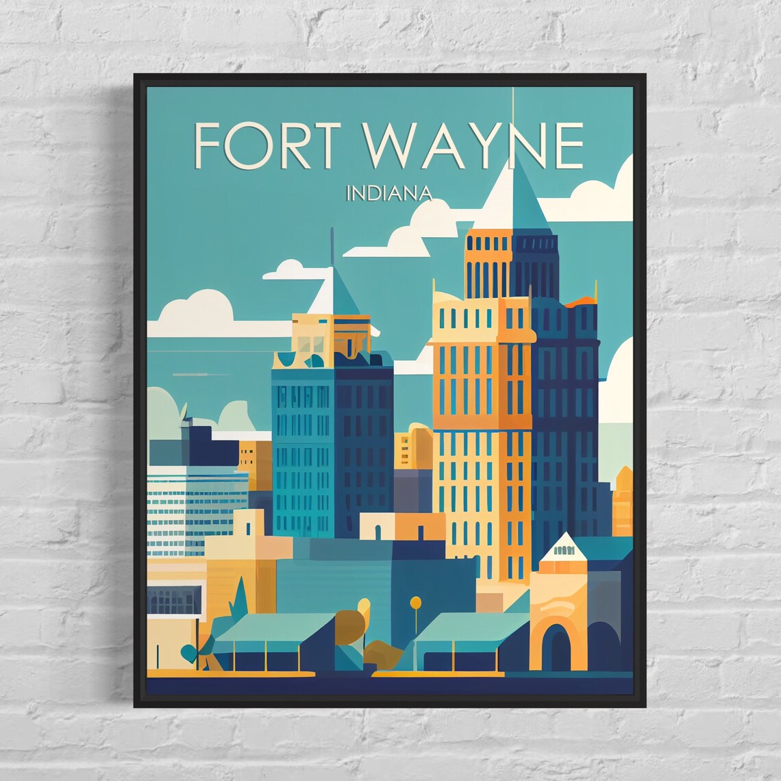 Fort Wayne Indiana Downtown Skyline Retro Mid Century Travel Poster