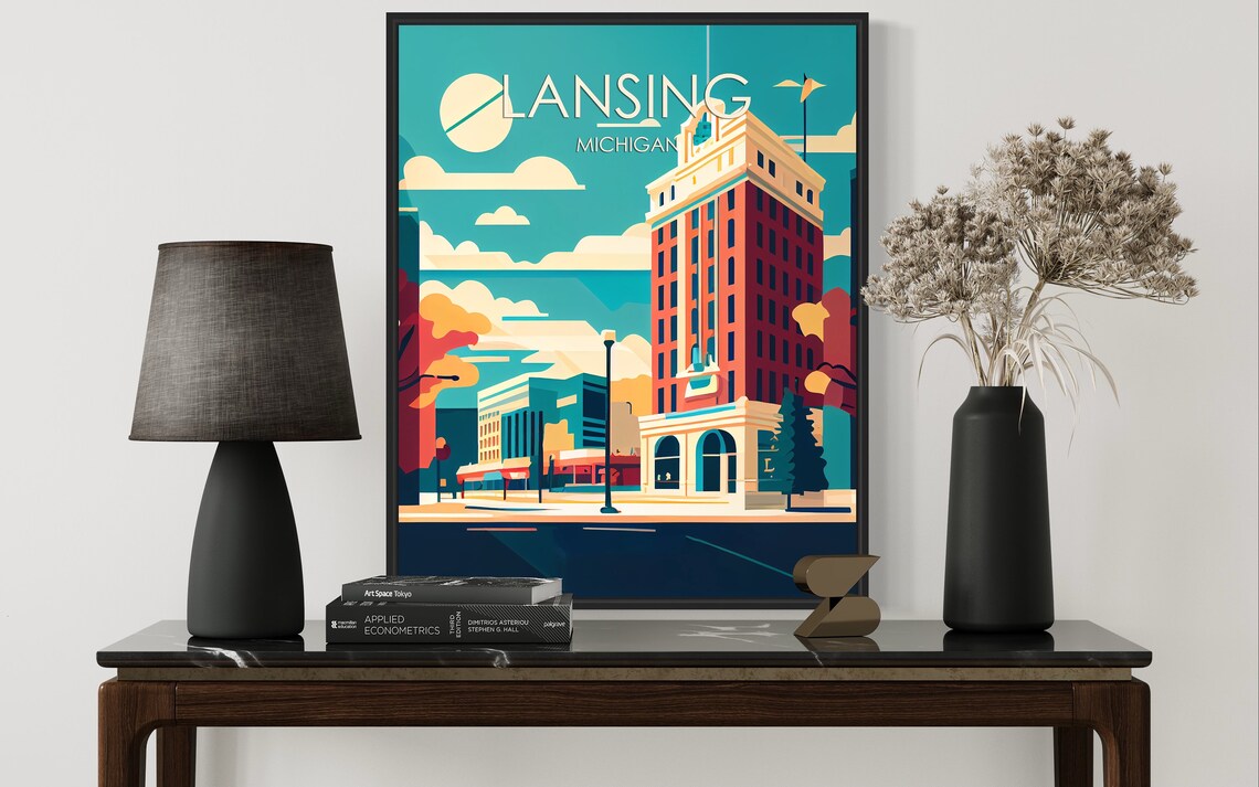 Lansing Michigan Retro Downtown City Skyline Vintage Art Poster - Image 3