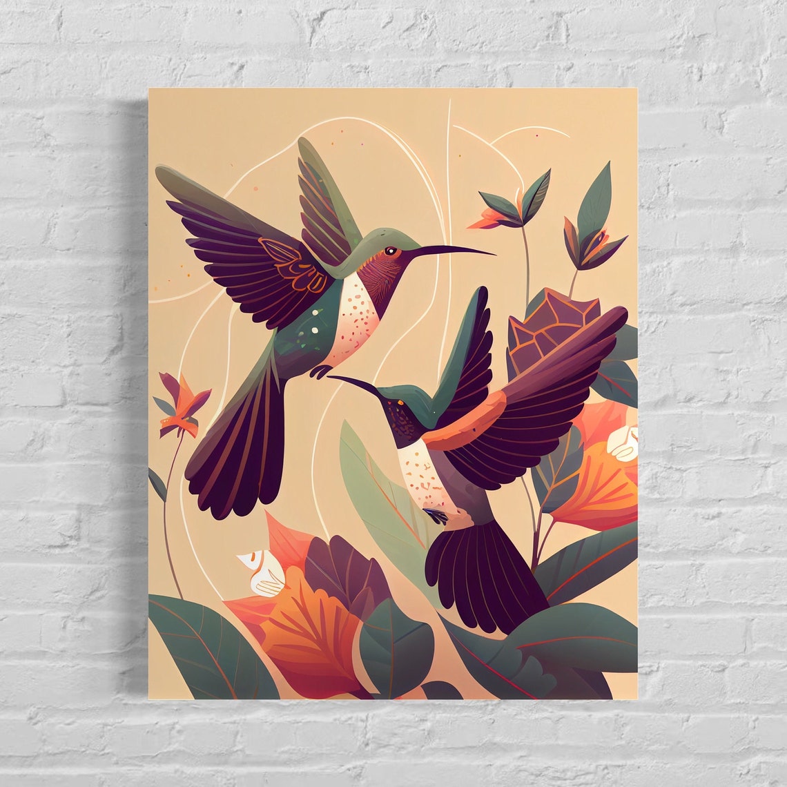 Vintage Hummingbirds Art Deco Style Floral Pair Nature Poster