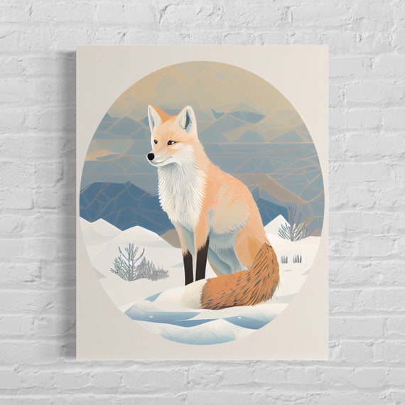 Arctic Fox Snowy Winter Oval Framed Minimal Illustration Poster
