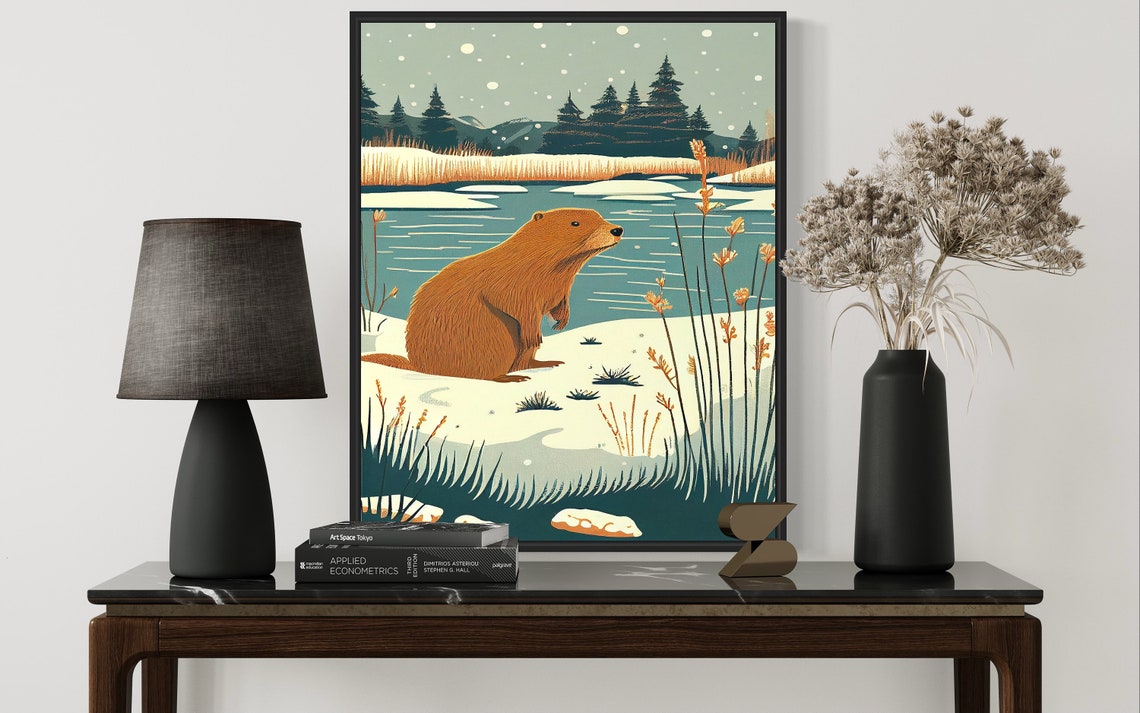 Beaver Wildlife Poster with Snowy Riverside and Tall Pine Forest - Image 3