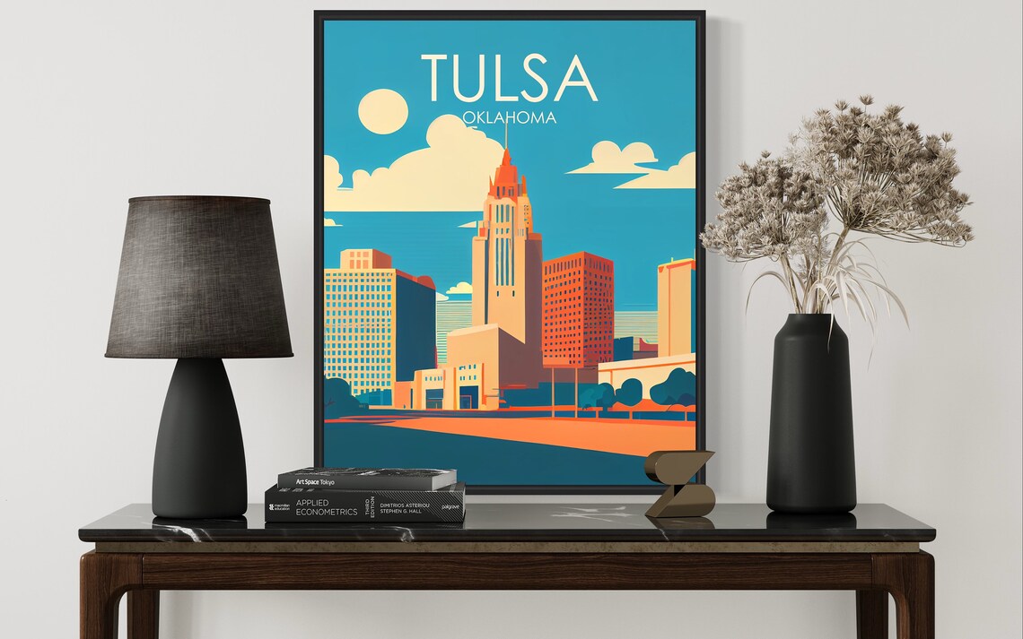Tulsa Oklahoma Downtown Art Deco Skyline Retro Travel Poster - Image 2