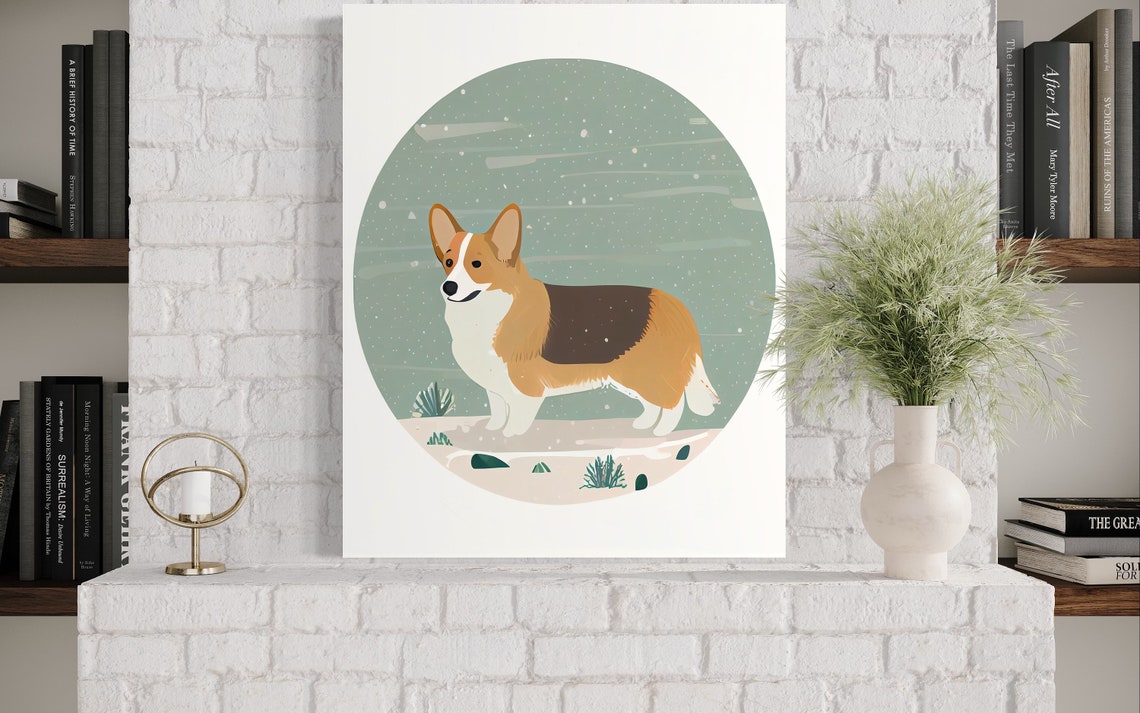 Tricolor Pembroke Corgi Standing in a Snow Circle Art Poster - Image 3