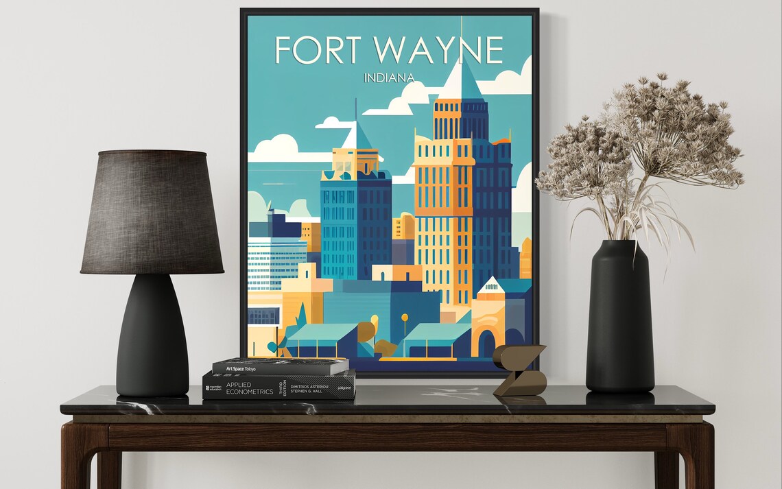 Fort Wayne Indiana Downtown Skyline Retro Mid Century Travel Poster - Image 2
