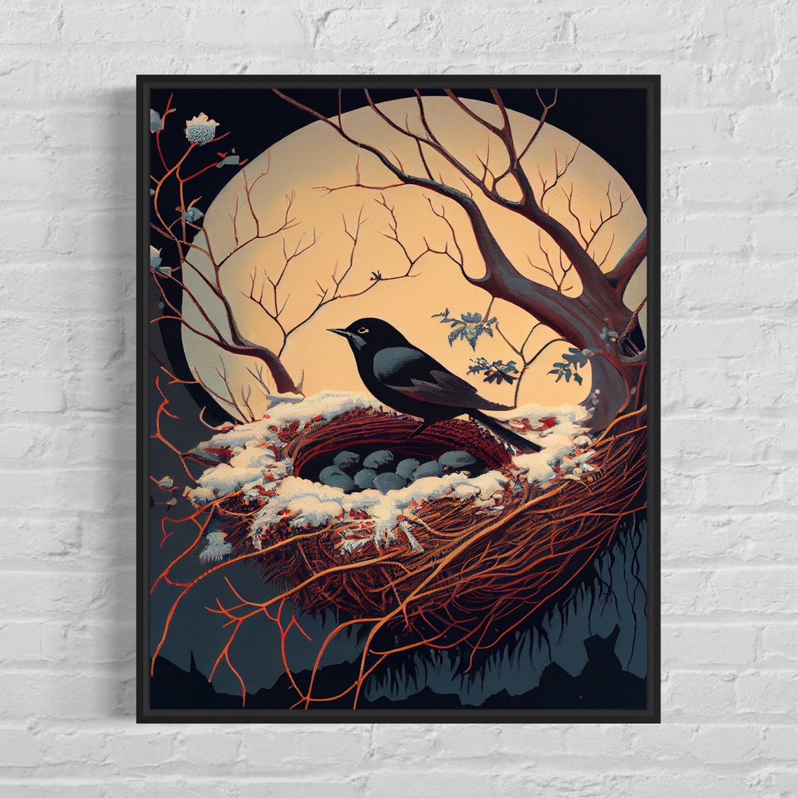 Crow Nest Snowy Moonlit Bird Nest Eggs Retro Nature Vintage Wall Art