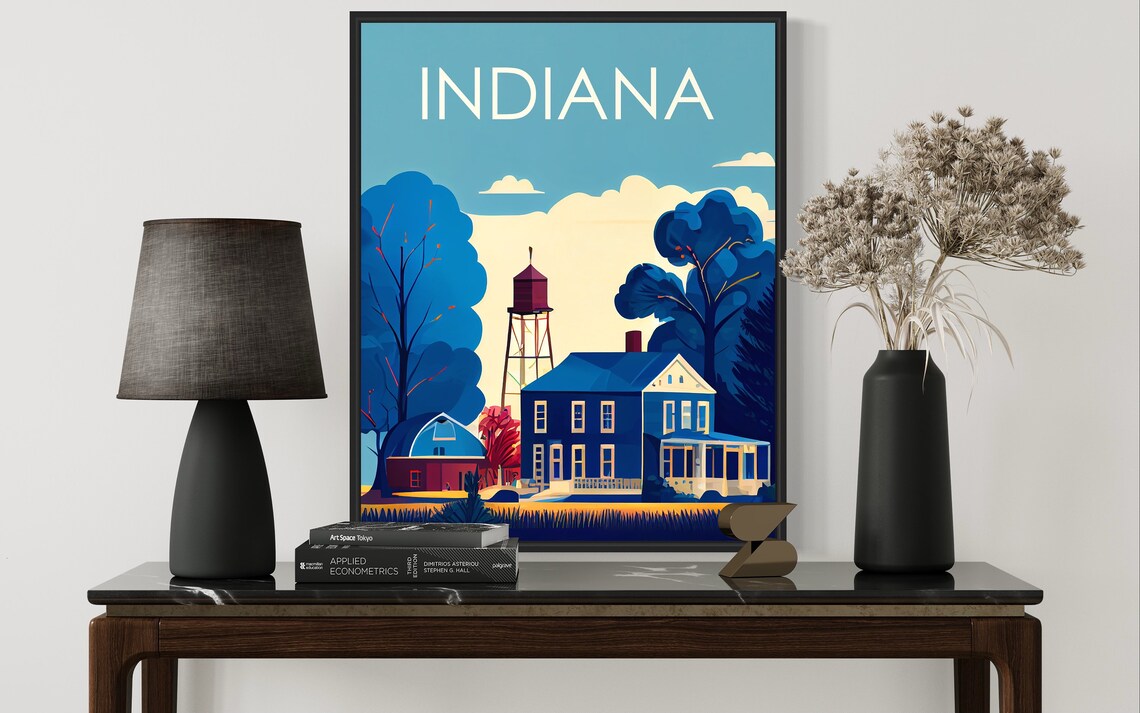 Indiana Countryside Farmhouse Water Tower Retro Travel Poster - Image 2