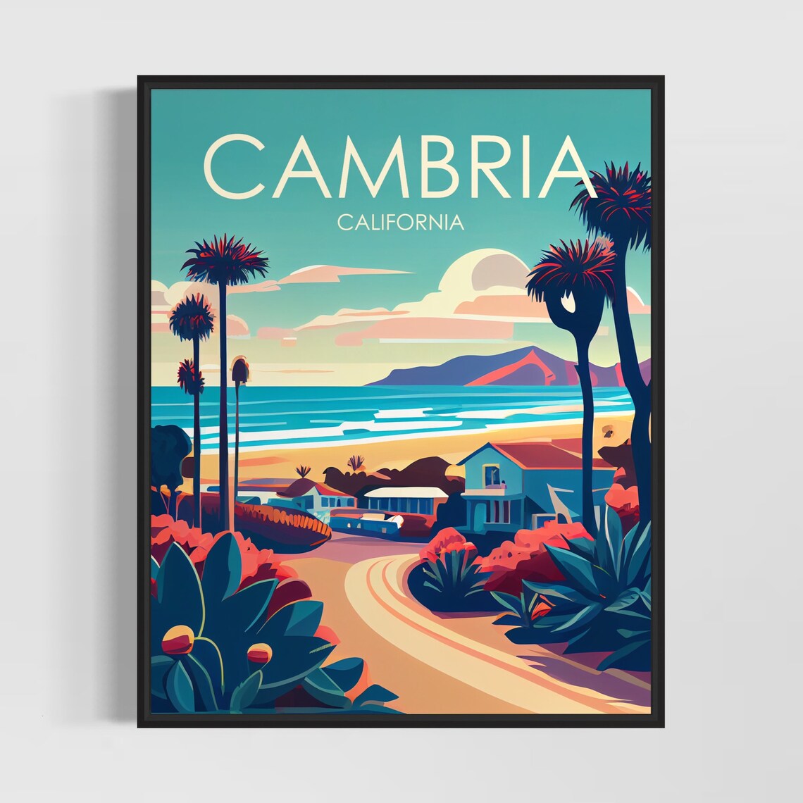 Cambria California Coastal Beach Town Sunset Vintage Art Poster