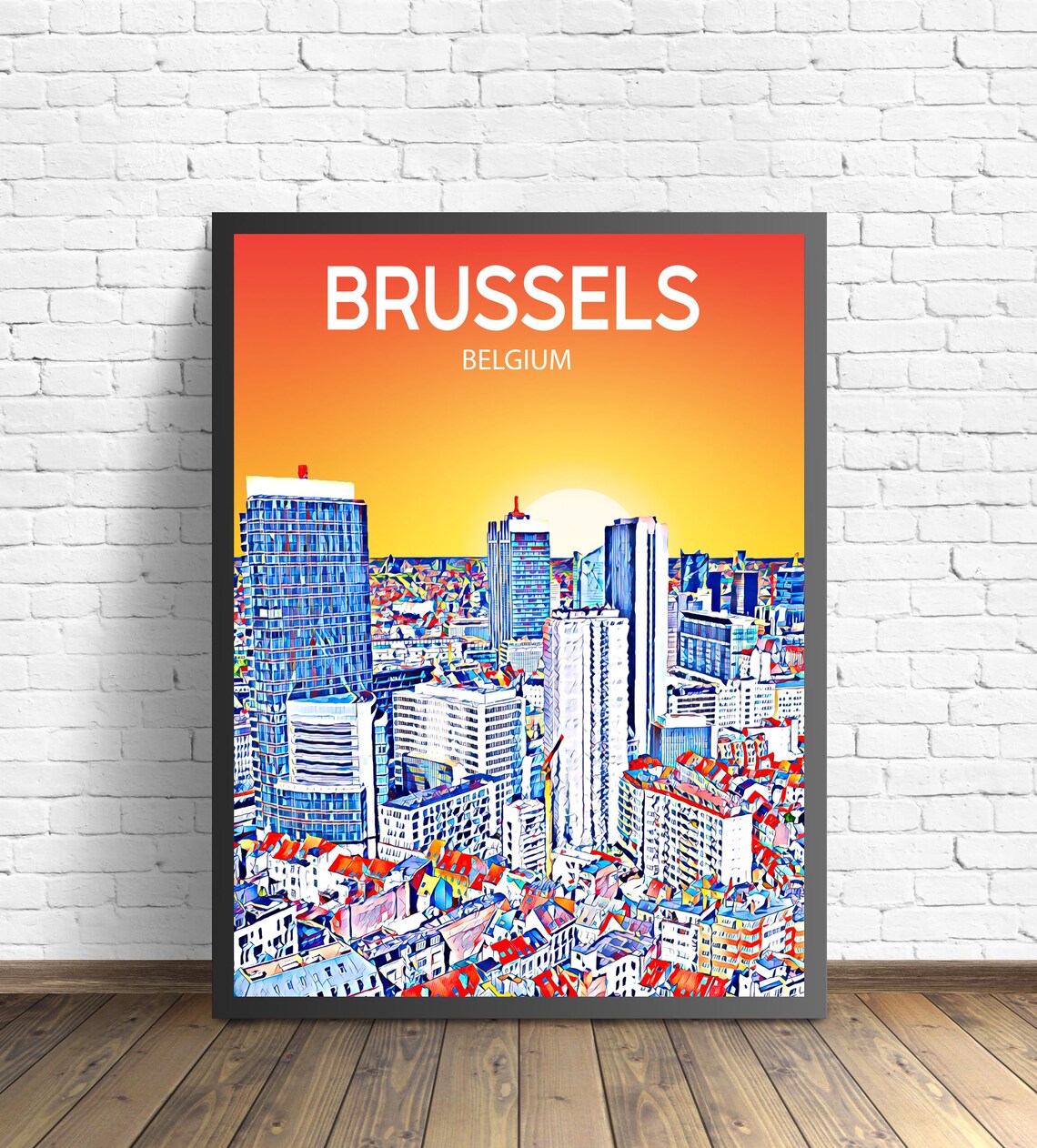Brussels Belgium Sunset Skyline Modern Towers Travel Poster Art