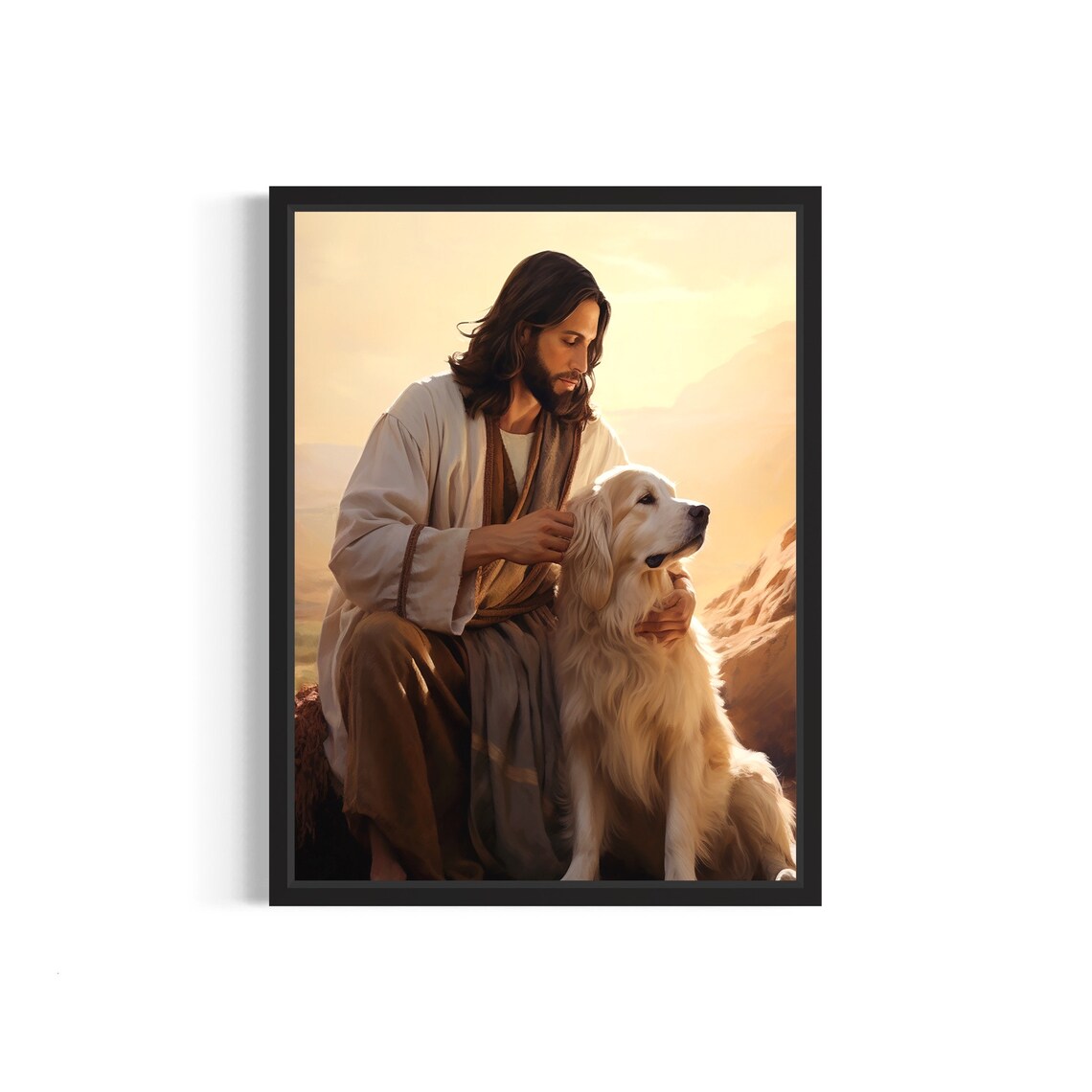 Jesus With Golden Retriever Dog Sunset Desert Portrait Poster