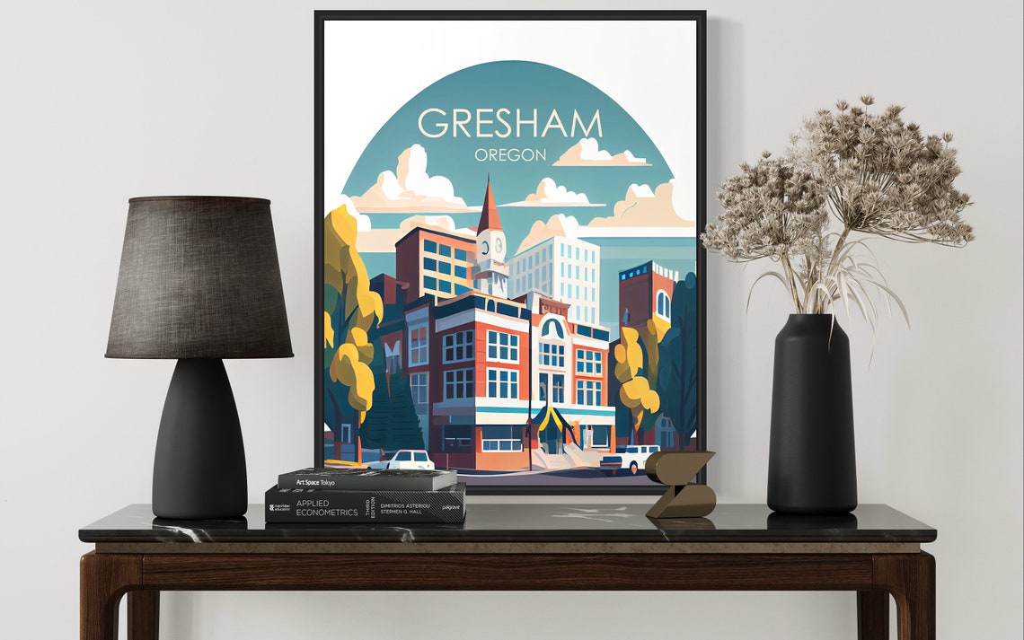 Gresham Oregon Downtown Clock Tower Retro Street Travel Poster - Image 2