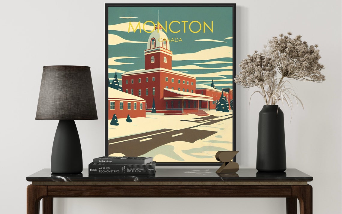 Moncton Canada Snowy Red Domed Hall Winter Retro Travel Poster - Image 2