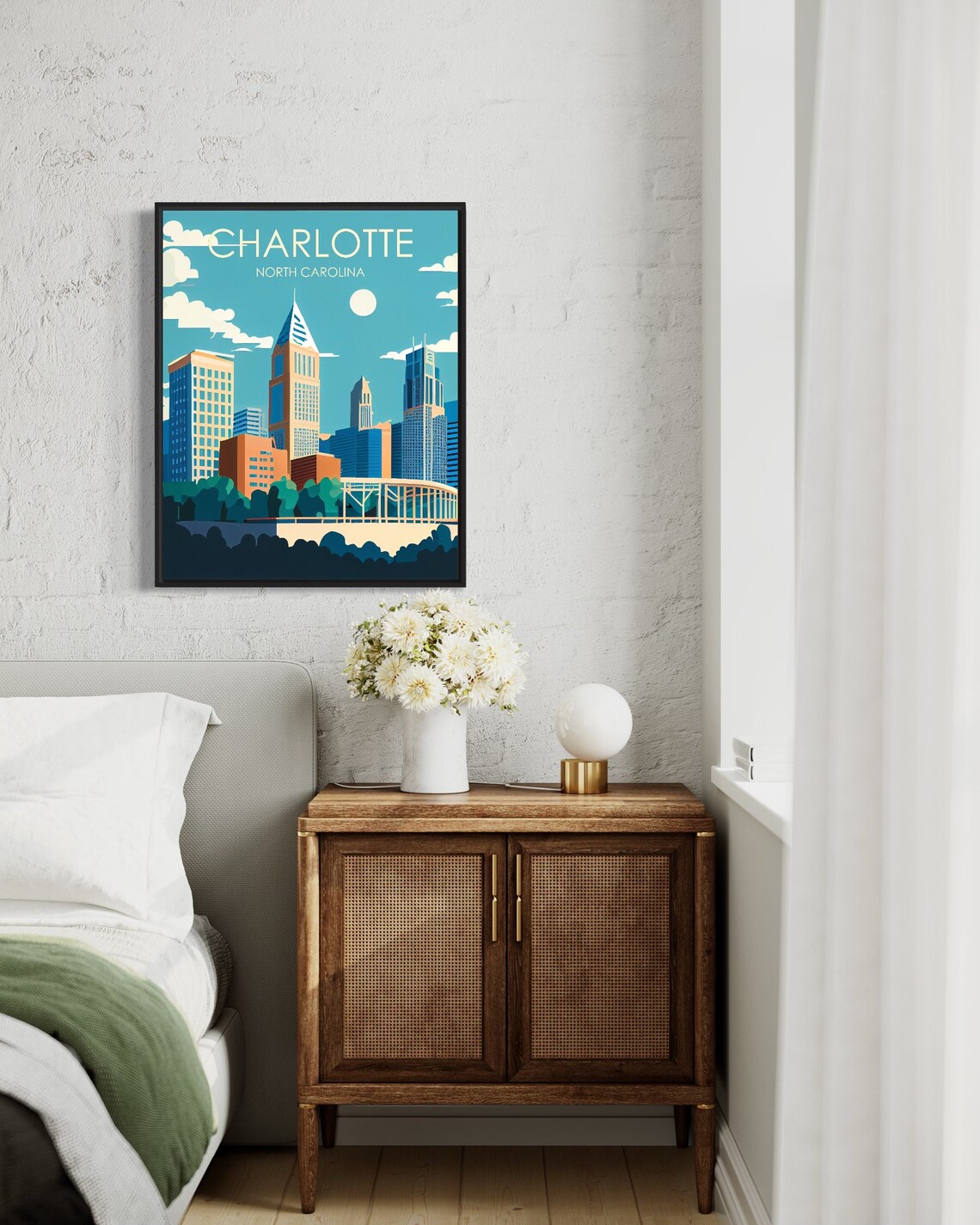 Charlotte North Carolina Retro Downtown Skyline Travel Poster - Image 3