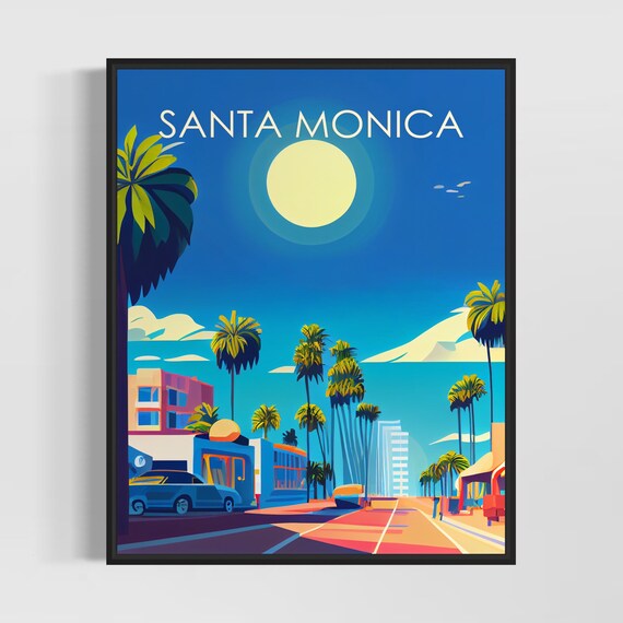 Santa Monica California Moonlit Palm Lined Street Retro Poster