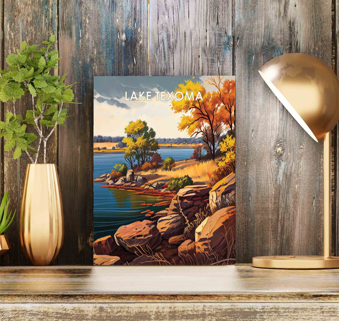 Lake Texoma Autumn Rocky Shoreline Painterly Nature Travel Poster - Image 2