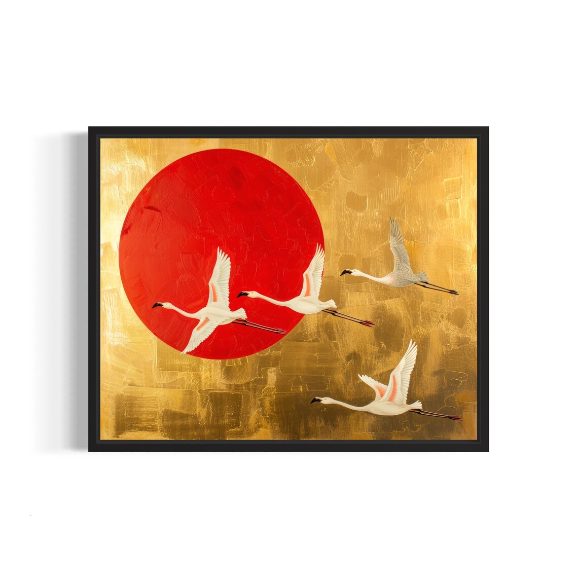 Flying Flamingos Against Red Sun Asian Gold Style Art Poster