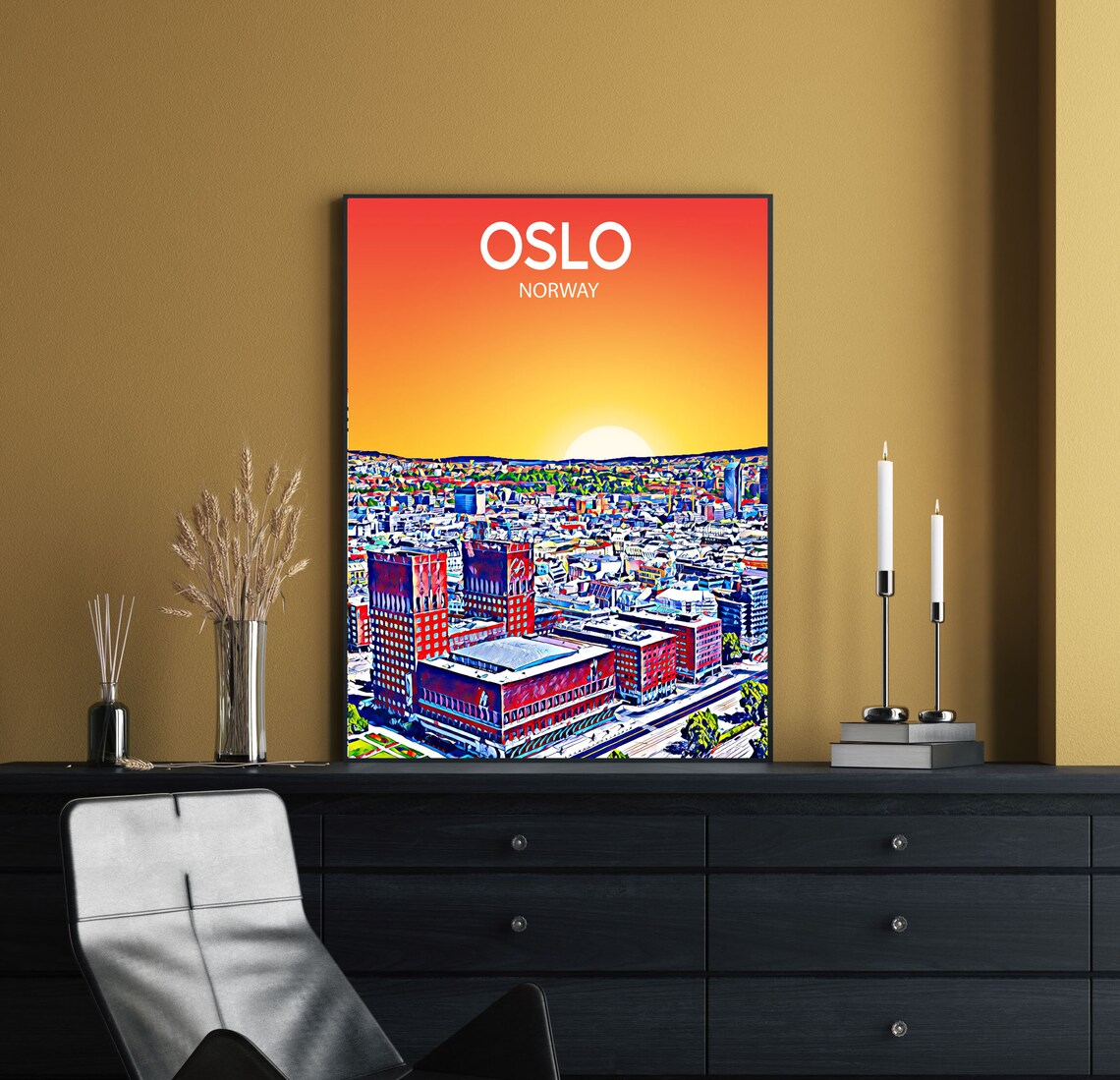 Oslo Norway City Hall and Harbor Golden Sunset Skyline Art Poster - Image 2