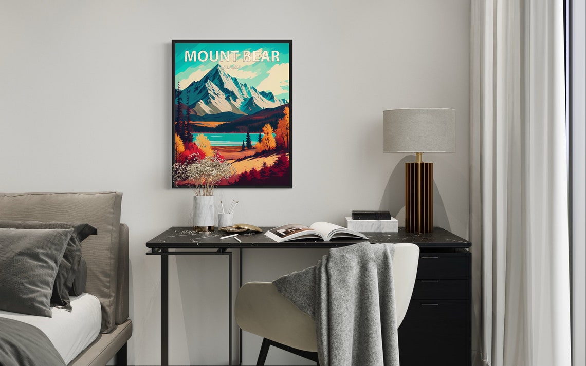 Mount Bear Alaska Lakeside Trail Snowy Peak Fall Retro Travel Poster - Image 2