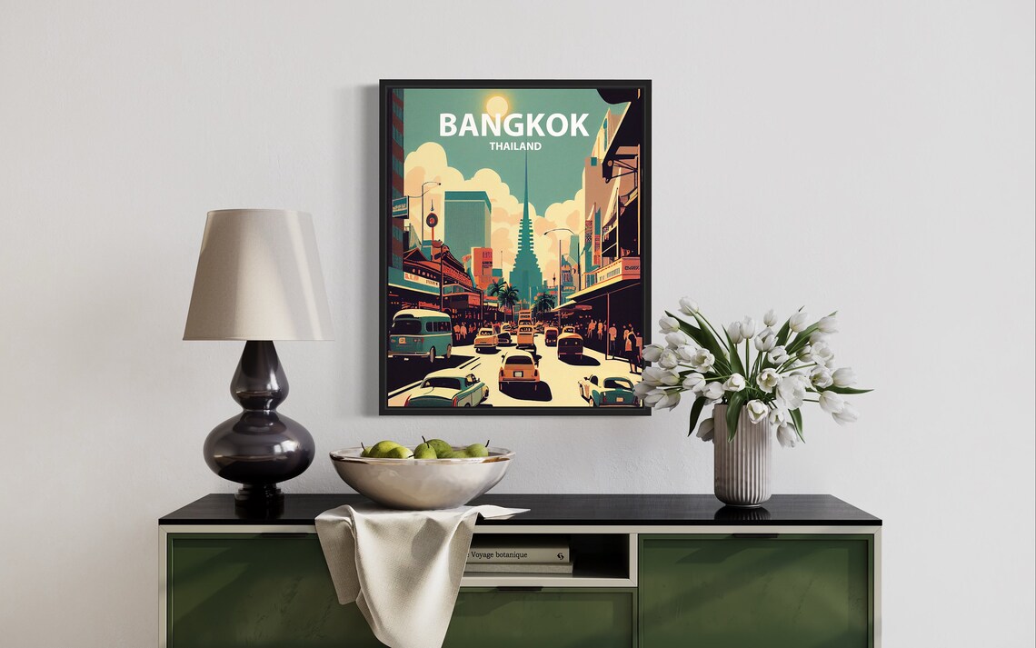 Bangkok Thailand Busy Street Temple Spire Retro City Scene Poster - Image 3